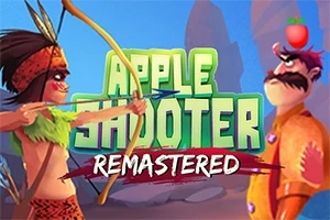En person med fjerudklædning sigter en bue mod en anden person med et æble på hovedet foran en farverig baggrund og teksten Apple Shooter Remastered