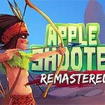 En person med fjerudklædning sigter en bue mod en anden person med et æble på hovedet foran en farverig baggrund og teksten Apple Shooter Remastered