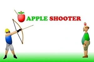 To figurer står overfor hinanden, hvor den ene holder en bue og pil, mens den anden har et æble på hovedet, med teksten Apple Shooter ovenfor
