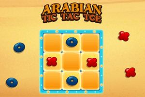 Billede af et tic tac toe-spil med røde og blå brikker på et gult og blåt spillebræt