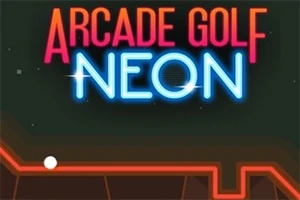 Teksten Arcade Golf Neon i skarpe neonfarver med en hvid bold på en lysende orange bane