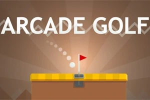 Golfanimation med en bold og hulflag mod en brun baggrund, med teksten ARCADE GOLF øverst