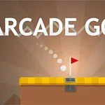 Golfanimation med en bold og hulflag mod en brun baggrund, med teksten ARCADE GOLF øverst