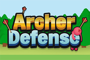 Farverig grafik med teksten Archer Defense i forgrunden og grønne træer i baggrunden