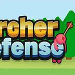 Farverig grafik med teksten Archer Defense i forgrunden og grønne træer i baggrunden