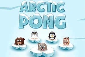 Fem arktiske dyr står på isflager under teksten Arctic Pong på en blå baggrund