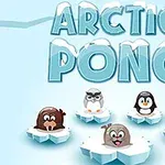 Fem arktiske dyr står på isflager under teksten Arctic Pong på en blå baggrund