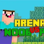 To figurer i pixelgrafik med teksten ARENA: NOOB VS PRO i forgrunden