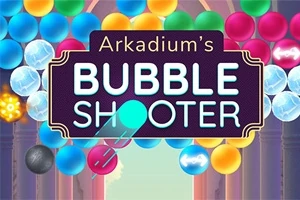 Farverige bobler samlet bag en skilt med teksten Bubble Shooter