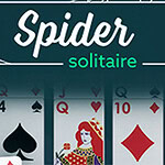 Et billede med kortspil med konger, dronninger og symbolerne ruder, spar, og klør samt teksten Spider solitaire øverst