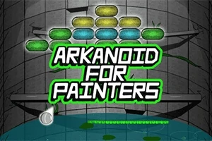 Blokke i forskellige farver stablet i en bue med teksten Arkanoid for Painters i centrum