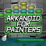 Blokke i forskellige farver stablet i en bue med teksten Arkanoid for Painters i centrum