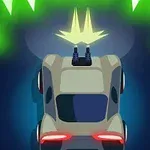 Bil udstyret med kanon påtaget i et neon-oplyst miljø med grønne og blå lyseffekter samt projektiler flyvende omkring