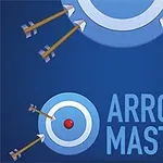 Blå baggrund med et stort målskive i toppen, flere pile rammer omkring den, og teksten Arrow Master nedenunder