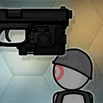 Sort pistol og simpel figur med hjelm og rødt øje på en flerfarvet baggrund med sekskantet mønster