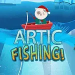 En tegneseriemus med nissehue fisker fra en robåd i en isfyldt havscene med teksten Artic Fishing