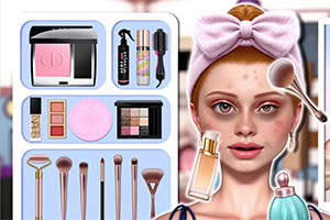 Kvinde med pink hårbånd og ansigtsmasker ved siden af makeup, børster og kosmetikprodukter