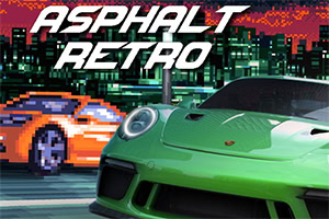Grøn sportsvogn i forgrunden med pixelart-baggrund af bybillede og biler, teksten Asphalt Retro øverst