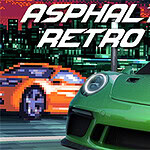 Grøn sportsvogn i forgrunden med pixelart-baggrund af bybillede og biler, teksten Asphalt Retro øverst