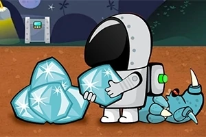 En astronaut med en sort hjelm bærer en stor blå krystal, mens han står ved siden af et liggende, blå rumvæsen med horn
