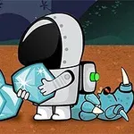 En astronaut med en sort hjelm bærer en stor blå krystal, mens han står ved siden af et liggende, blå rumvæsen med horn