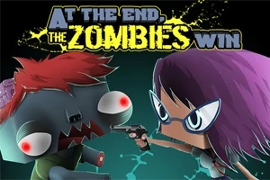 En animeret zombie med rødt hår står over for en person med lilla hår og briller, der peger en pistol i en dramatisk konfrontation