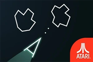 En simpel grafisk illustration med en trekantet rumskibssilhuet og to polygonformede asteroider på en sort baggrund, med Atari-logoet i det nederste højre hjørne