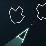 En simpel grafisk illustration med en trekantet rumskibssilhuet og to polygonformede asteroider på en sort baggrund, med Atari-logoet i det nederste højre hjørne