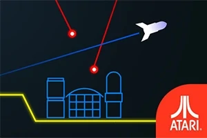 Et minimalistisk design med en futuristisk bylinje, et rumskib, og lasere mod en mørk baggrund med Atari logoet i nederste hjørne