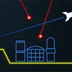 Et minimalistisk design med en futuristisk bylinje, et rumskib, og lasere mod en mørk baggrund med Atari logoet i nederste hjørne