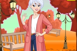 Tegning af en person med kort hvidt hår, klædt i en lyserød cardigan og jeans, som står i en park med bænke og gadelygter om efteråret