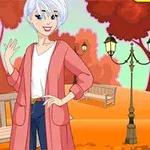 Tegning af en person med kort hvidt hår, klædt i en lyserød cardigan og jeans, som står i en park med bænke og gadelygter om efteråret