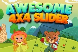 En tegneserieillustration med en pige i gul kjole og hat og en bjørn i tøj, der holder et æble, foran et landskab med bjerge og træer, med teksten Awesome 4x4 Slider