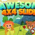 En tegneserieillustration med en pige i gul kjole og hat og en bjørn i tøj, der holder et æble, foran et landskab med bjerge og træer, med teksten Awesome 4x4 Slider