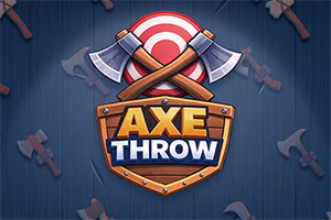 Logo med teksten AXE THROW, krydsede økser, rød-hvid skydeskive og mørkeblå baggrund med øksesilhuetter