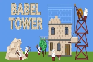 Tegning af en byggeplads med et halvfærdigt stentårn, arbejderfigurer med hakker, en hejre og teksten Babel Tower mod en blå baggrund