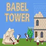 Tegning af en byggeplads med et halvfærdigt stentårn, arbejderfigurer med hakker, en hejre og teksten Babel Tower mod en blå baggrund