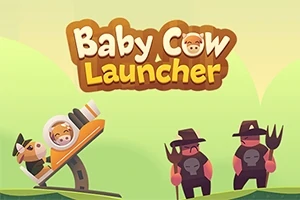 Tegneserieillustration med to figurer i hat og pitchfork, en karikaturagtig affyringsrampe med en ko iført hjelm, samt teksten Baby Cow Launcher øverst