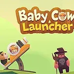 Tegneserieillustration med to figurer i hat og pitchfork, en karikaturagtig affyringsrampe med en ko iført hjelm, samt teksten Baby Cow Launcher øverst