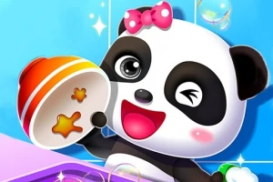 En tegneserie-panda med en lyserød sløjfe blinker og holder en farverig skål med stjerner, omgivet af sæbebobler på en blå baggrund