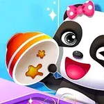 En tegneserie-panda med en lyserød sløjfe blinker og holder en farverig skål med stjerner, omgivet af sæbebobler på en blå baggrund