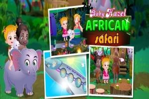 To børn rider på en elefant, omgivet af indrammede billeder, under teksten Baby Hazel African Safari