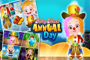 Et farverigt billede med en glad klædt ud klovnagtig baby i centrum, omgivet af forskellige kostumevalg og teksten Annual Day