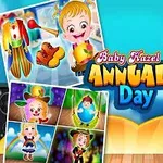 Et farverigt billede med en glad klædt ud klovnagtig baby i centrum, omgivet af forskellige kostumevalg og teksten Annual Day