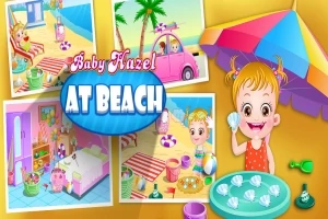 Tegning af en glad baby ved stranden med paraply, legetøj, og strandtilbehør, omgivet af farverige illustrationer