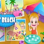 Tegning af en glad baby ved stranden med paraply, legetøj, og strandtilbehør, omgivet af farverige illustrationer