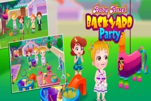 Tegningen viser en glad baby pige i en have med en piñata og en picnic, omgivet af børn og farverige dekorationer