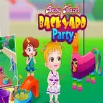 Tegningen viser en glad baby pige i en have med en piñata og en picnic, omgivet af børn og farverige dekorationer