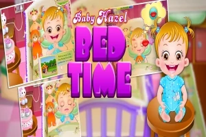 Smilende baby i blå pyjamas med legetøj og sengetidstema i baggrunden