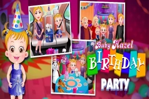 Tegneseriefigur med blondt hår i partyhat foran billeder af en fødselsdagsfest med børn, gaver og farverige dekorationer